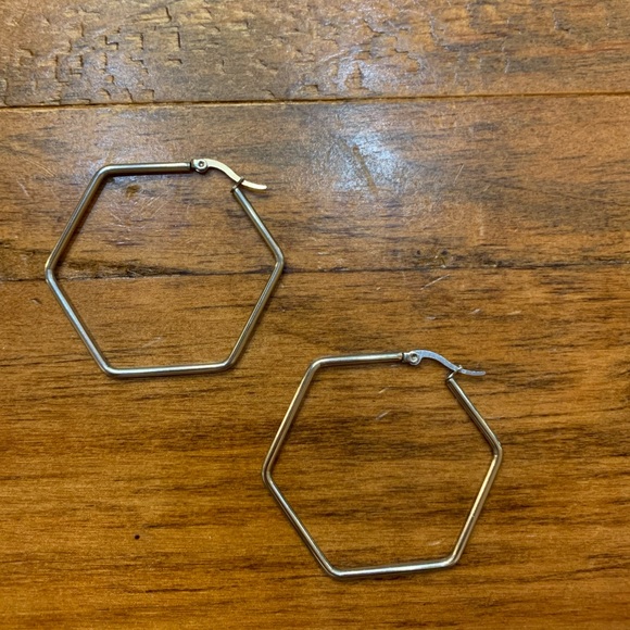 Hexagon Silver Hoop Earrings - Picture 2 of 2